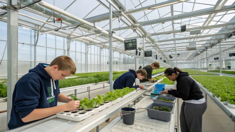 High school students working with plants in modern greenhouse facility during hands-on agriscience class